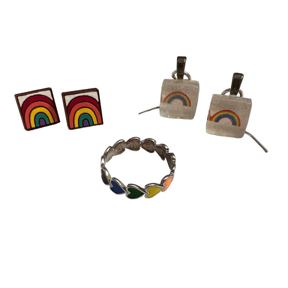 Adorable 3 Piece Set Rainbow Pride Earrings Ring Pura Vida LGBTQ - Picture 7 of 9